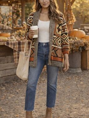 Anthropologie Pins & Needles Aztec Blanket Cardigan Boho Open Sweater Small